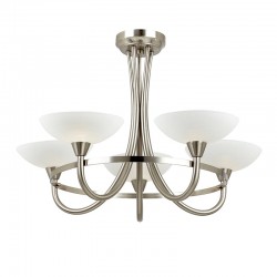 444-001 Satin Chrome 5 Light Centre Fitting with White Glasses 444-001 Satin Chrome 5 Light Centre Fitting with White Glasses
