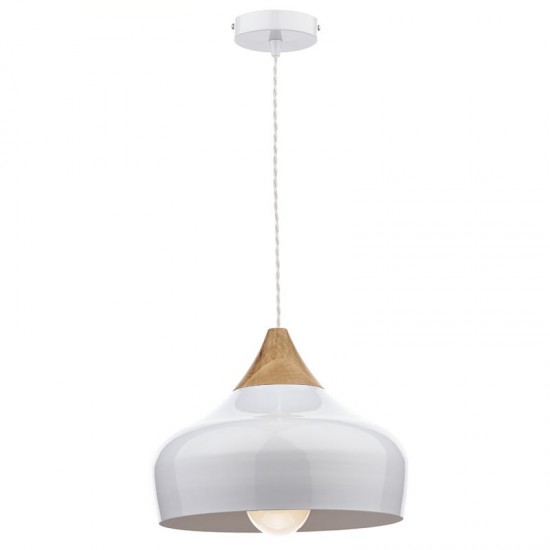 4957-003 Small White Metal Shade with Wood Pendant