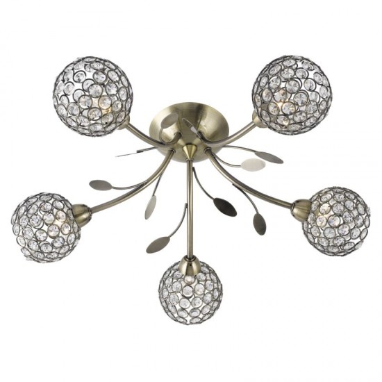 9220-006 Antique Brass 5 Light Ceiling Lamp with Crystal
