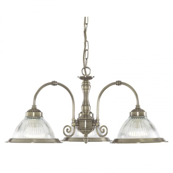 9566-006 Antique Brass 3 Light Centre Fitting with Ribbed Glasses