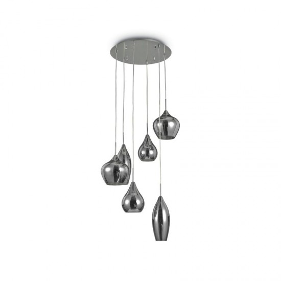 37448-007 Chrome 6 Light Cluster Pendant with Smoked Mirrored Glasses