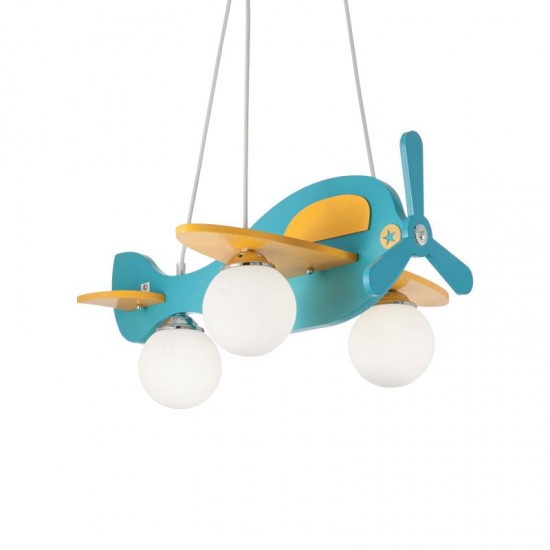 912425-007 Kids Blue Airplane 3 Light Pendant with Wooden Body