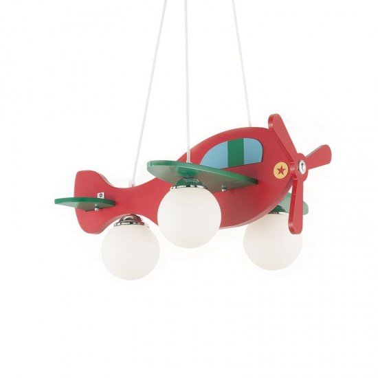 912426-007 Kids Red Airplane 3 Light Pendant with Wooden Body