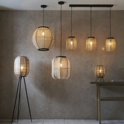 67329-001 Dark Wood Pendant with Natural Linen Shade