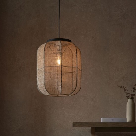 67330-001 Dark Wood Pendant with Natural Linen Shade 67330-001 Dark Wood Pendant with Natural Linen Shade