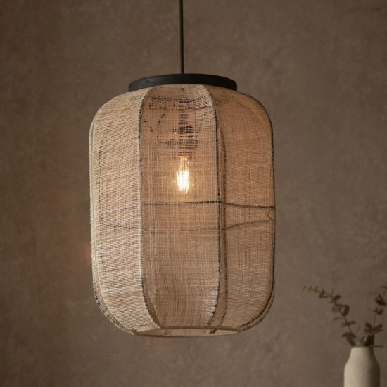 67330-001 Dark Wood Pendant with Natural Linen Shade 67330-001 Dark Wood Pendant with Natural Linen Shade