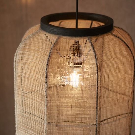 67330-001 Dark Wood Pendant with Natural Linen Shade 67330-001 Dark Wood Pendant with Natural Linen Shade