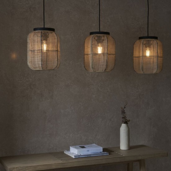 67346-001 Dark Wood 3 Light over Island Fitting with Natural Linen Shades 67346-001 Dark Wood 3 Light over Island Fitting with Natural Linen Shades