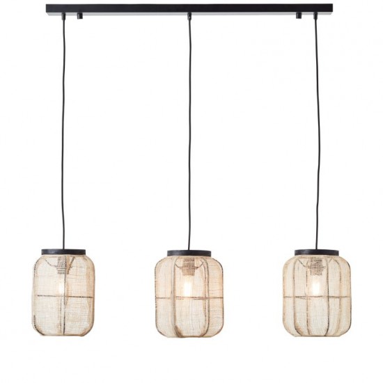 67346-001 Dark Wood 3 Light over Island Fitting with Natural Linen Shades 67346-001 Dark Wood 3 Light over Island Fitting with Natural Linen Shades