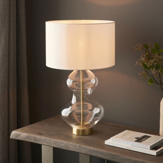 67541-001 Bright Nickel & Clear Glass Touch Table Lamp with Vintage White Shade