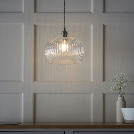 71697-100 Bright Nickel Pendant with Clear Ribbed Glass