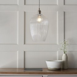71698-001 Bright Nickel Pendant with Clear Ribbed Glass