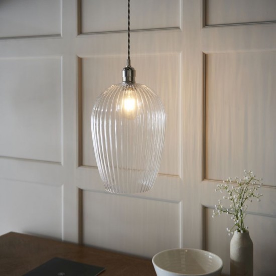 71698-100 Bright Nickel Pendant with Clear Ribbed Glass