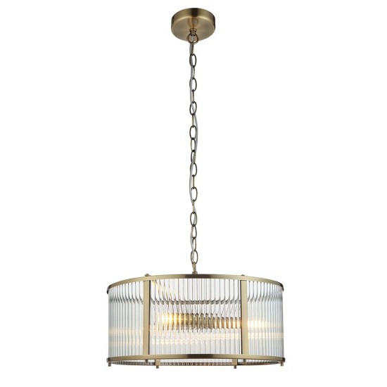 71646-001 Antique Brass 3 Light Pendant with Ribbed Glass