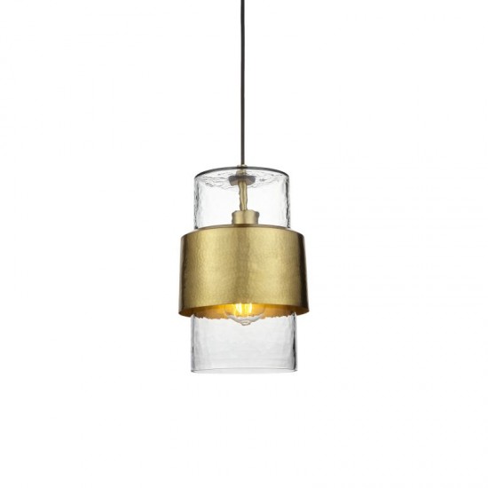 71726-100 Hammered Brass Pendant with Textured Clear Glass