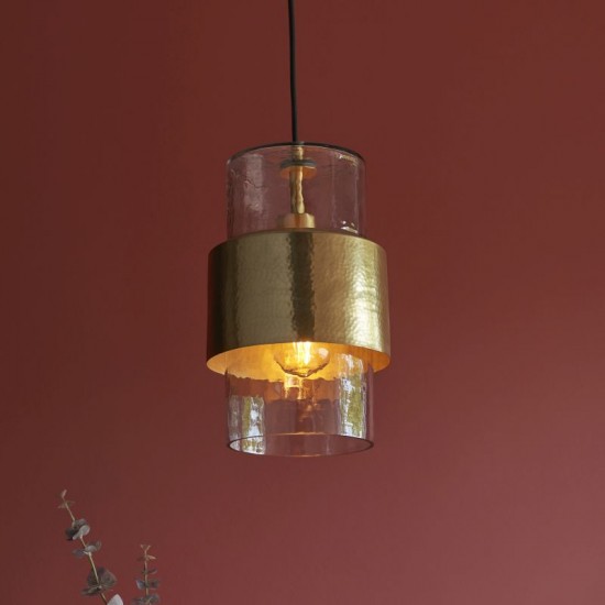 71726-100 Hammered Brass Pendant with Textured Clear Glass