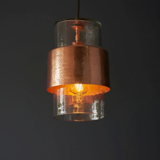 71728-100 Hammered Copper Pendant with Textured Clear Glass