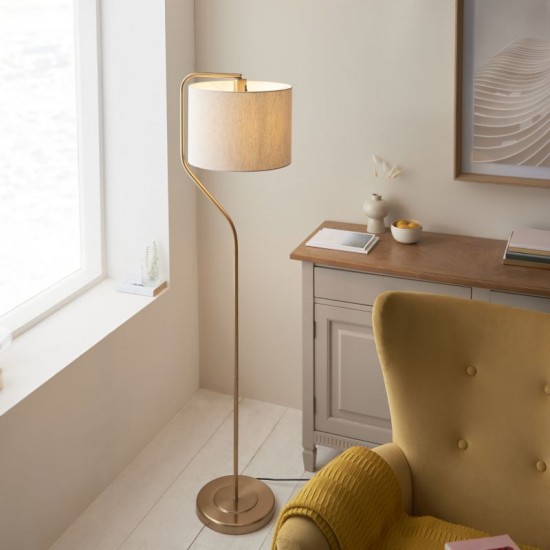 74325-001 Brushed Aged Brass Floor Lamp with Natural Linen Shade