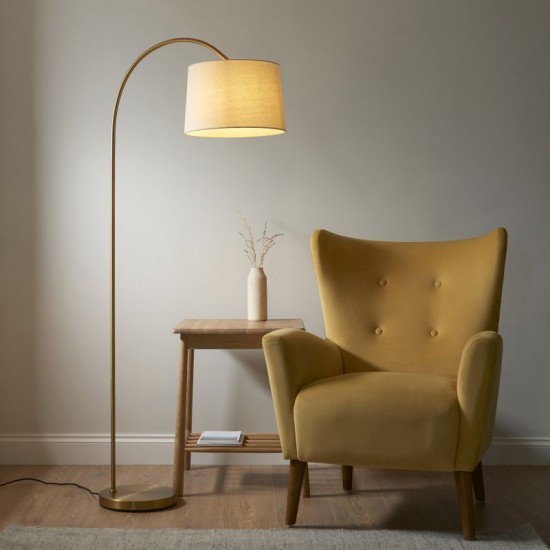 74343-001 Warm Brass Floor Lamp with Natural Linen Shade