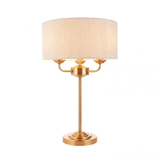 74344-001 Vintage Brass 3 Light Table Lamp with Natural Linen Shade