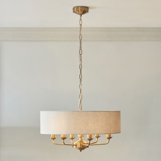 74345-001 Vintage Brass 6 Light Pendant with Natural Linen Shade