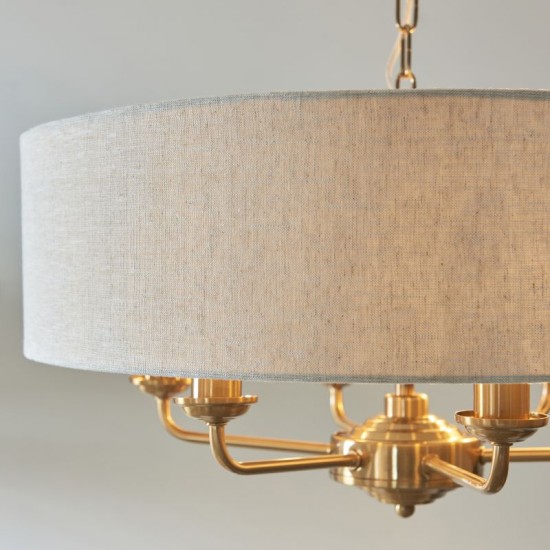 74345-001 Vintage Brass 6 Light Pendant with Natural Linen Shade