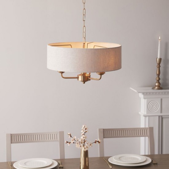 74346-001 Vintage Brass 3 Light Pendant with Natural Linen Shade