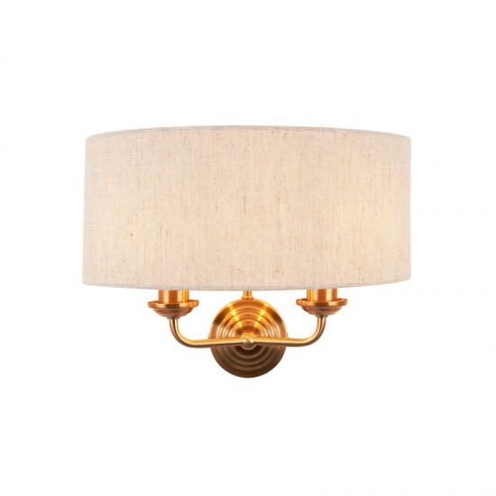 74348-001 Vintage Brass 2 Light Wall Lamp with Natural Linen Shade