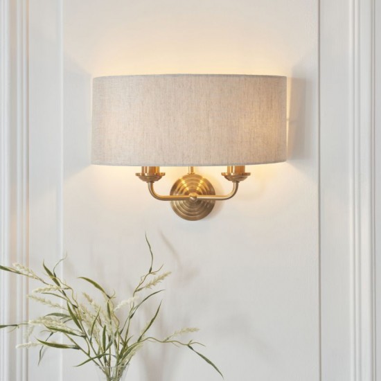 74348-001 Vintage Brass 2 Light Wall Lamp with Natural Linen Shade