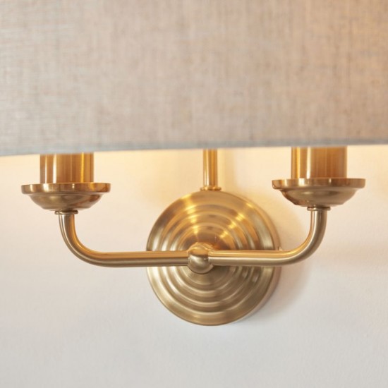 74348-001 Vintage Brass 2 Light Wall Lamp with Natural Linen Shade