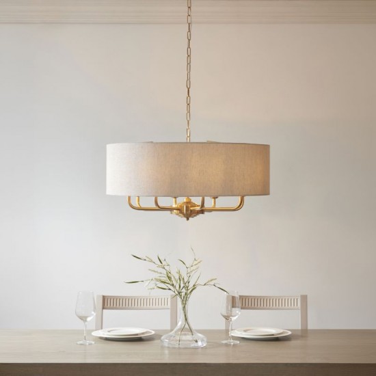 74349-001 Vintage Brass 8 Light Pendant with Natural Linen Shade