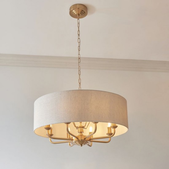 74349-001 Vintage Brass 8 Light Pendant with Natural Linen Shade