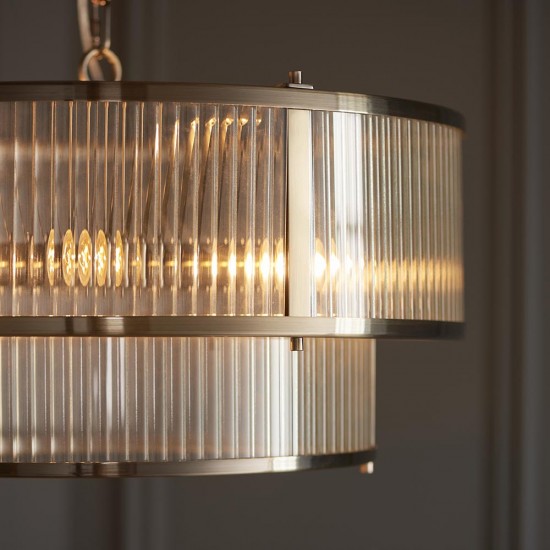 74353-001 Antique Brass 5 Light Pendant with Ribbed Glass