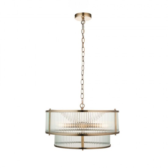 74353-001 Antique Brass 5 Light Pendant with Ribbed Glass