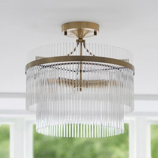 74428-001 Antique Brass 3 Light Semi Flush with Clear Glass Rods