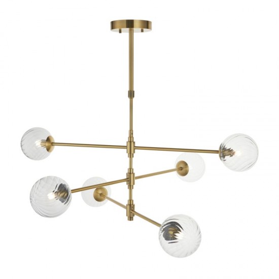 74295-100 Brushed Aged Brass 6 Light Centre Fitting with Twisted Clear Glass