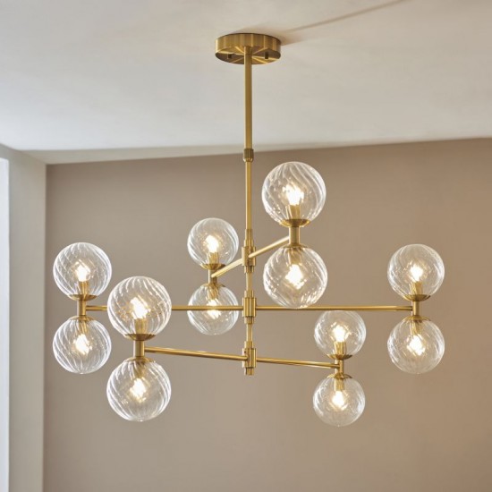 74293-100 Brushed Aged Brass 12 Light Centre Fitting with Twisted Clear Glass