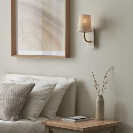 74315-100 Vintage Brass & White Marble Wall Lamp with Linen Shade