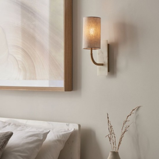 74313-100 Vintage Brass & White Marble Wall Lamp with Linen Shade