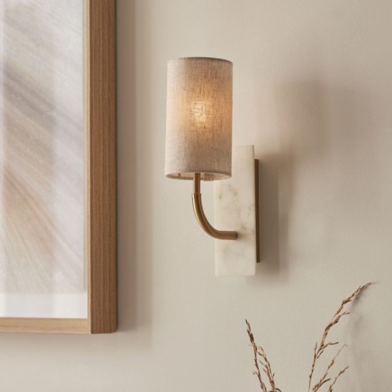 74313-100 Vintage Brass & White Marble Wall Lamp with Linen Shade