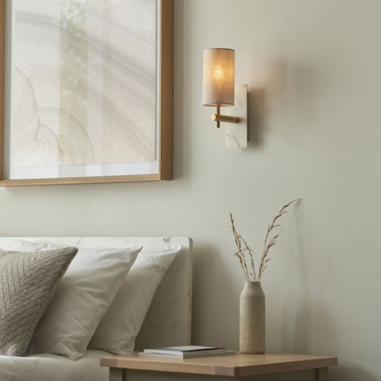 74312-100 Vintage Brass & White Marble Wall Lamp with Linen Shade