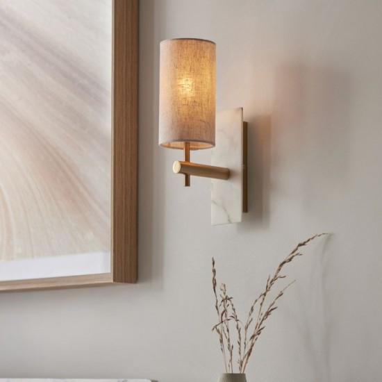 74312-100 Vintage Brass & White Marble Wall Lamp with Linen Shade
