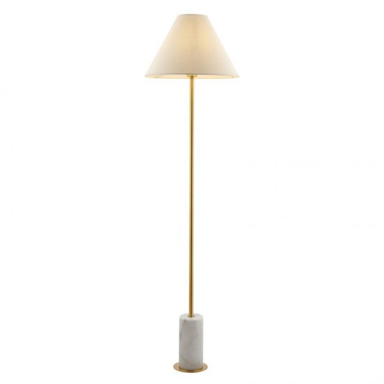 74292-100 Brushed Aged Brass & White Marble Floor Lamp with Natural Linen Shade