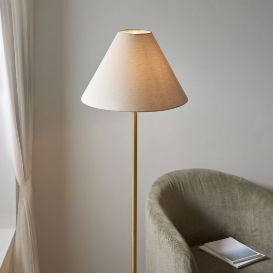 74292-100 Brushed Aged Brass & White Marble Floor Lamp with Natural Linen Shade