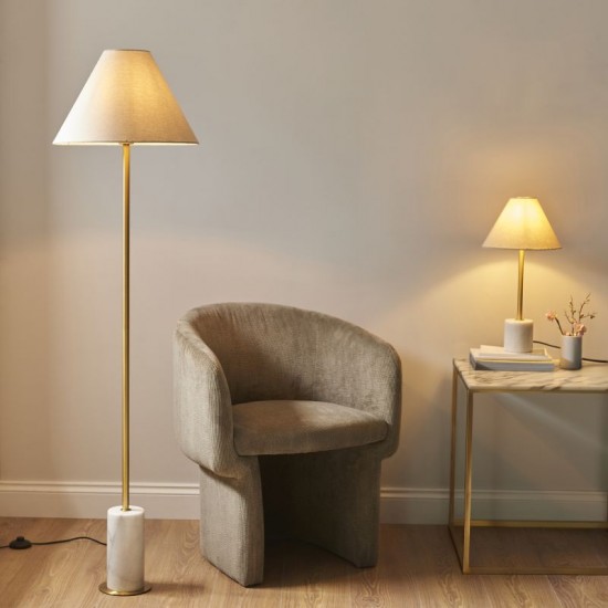 74292-100 Brushed Aged Brass & White Marble Floor Lamp with Natural Linen Shade