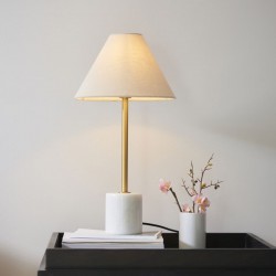 74291-001 Brushed Aged Brass & White Marble Table Lamp with Natural Linen Shade