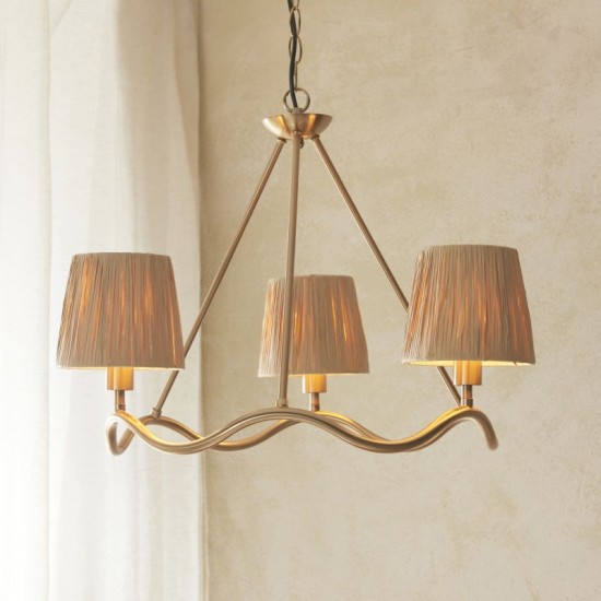 74506-001 Brushed Aged Brass 3 Light Centre Fitting with Natural Raffia Tapered Shades