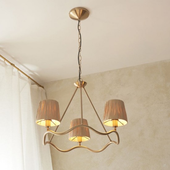 74506-001 Brushed Aged Brass 3 Light Centre Fitting with Natural Raffia Tapered Shades