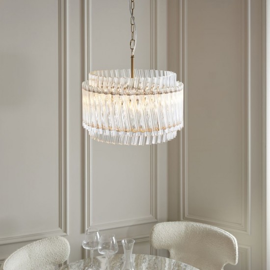 78890-001 Brushed Aged Brass 3 Light Pendant with Clear Ribbed Glass Rods