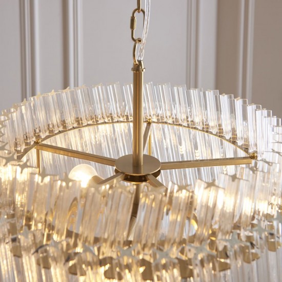 78890-001 Brushed Aged Brass 3 Light Pendant with Clear Ribbed Glass Rods